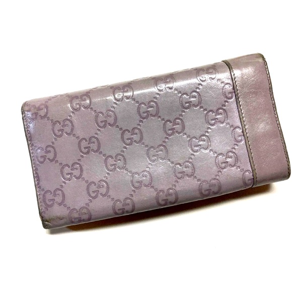 GUCCI VINTAGE HORSE BIT HEART CHARM GUCCISSIMA LEATHER LONG WALLET GRAY/LAVENDER - Picture 4 of 14
